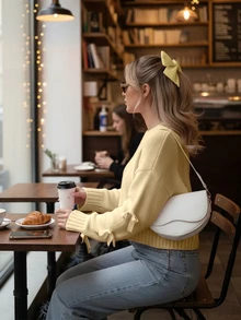 Suéter de punto para mujer Joy, nuevo para otoño/invierno - Parte superior casual minimalista, versátil y a juego - Manga con lazo, cuello redondo corto y holgado - Oficina - Salir - Viaje en aeropuerto