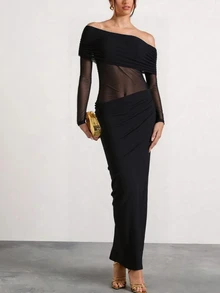 性感淑女网眼拼布镂空露肩长裙 - 黑色 - 查看 4