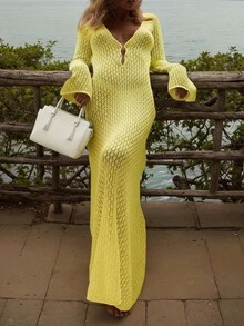 Crochet V-Neck Backless Ruched Waist Fitted Dress, Suitable For Vacation Wear; Women's Fashion, Elegant, Sexy, Minimalist Solid Color Casual Knit Maxi Cover Up Dress, Suitable For Beach Wear - Light Yellow - View 2