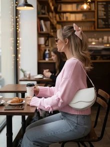 Joy Knit 女士新款秋冬针织上衣 - 休闲简约甜美百搭上衣 - 蝴蝶结袖短款宽松圆领套头毛衣 - 适合办公室、外出和机场穿着 - 淺粉色 - 查看 3