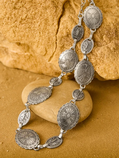 Tropiscape Cadena de cintura de mujer curvilínea de alta gama - Discos ovalados grabados vintage, accesorio de vaquera, ajustable para festivales occidentales, reuniones retro y estilo diario, perfecto para damas que aman la moda de vaquera de lujo y el diseño que resalta la figura, regalo de Navidad