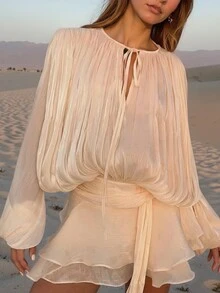 Millennium Style Tie-Up Ruffle Collar Double-Layer Flounce Lantern Sleeve Shirt Dress, Does Not Include Belt, Ladies' Gothic Sexy Elegant Christmas Clothing,Christmas Dress,Wedding Dress Guest,Suitable For Formal Occasions#GalaNight #AutumnDress #ChicAutumn