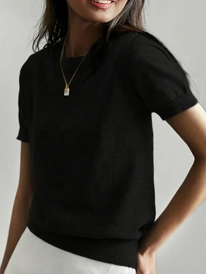 Women's Minimalist Fine Knit Short Sleeve T-Shirt, Lightweight, Solid Color, Summer