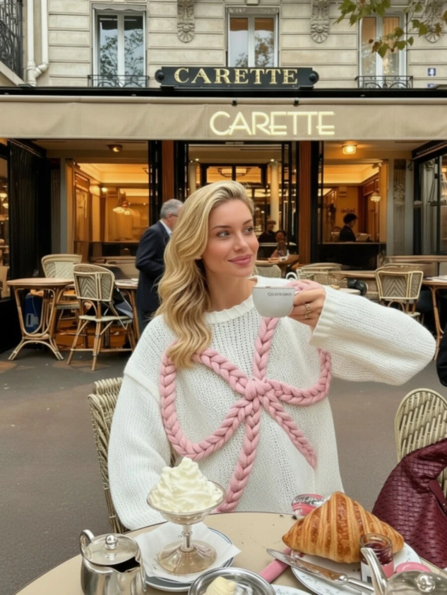 ملابس علوية كبيرة الحجم بتصميم عقدة ثلاثية الأبعاد مزخرفة، قطعة محبوكة بشكل سميك مع أكتاف منسدلة، ملابس الشارع، متعددة الاستخدامات#عقدة رومانسية