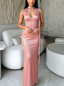 Sexy Deep V-Neck Backless Tie-Up Dress