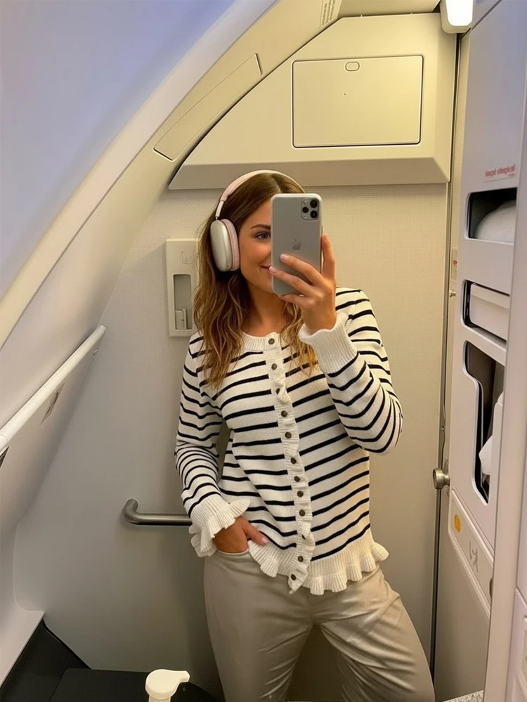 Joy Knit Women's Autumn/Winter Sweater - Basic Tops - Striped Casual Chic Minimalist Multi-Button Cuff & Hem Frill Trim Crew Neck Cardigan - Office Outfits For Women - Going Out Tops - Party - New Year - Black and White - View 2