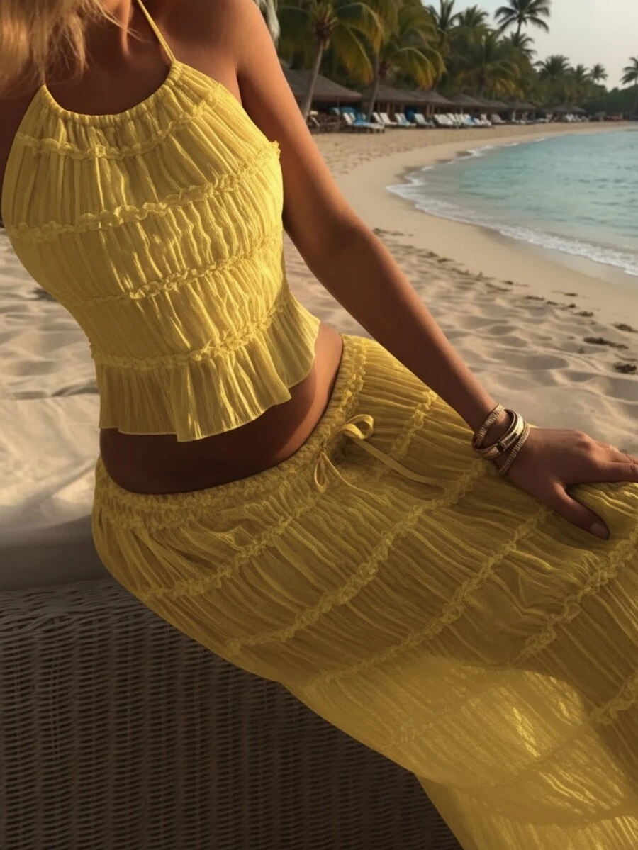 雪纺多层褶皱蕾丝边露背吊带长裙套装，浪漫优雅波西米亚风两件套，适合派对、婚礼等场合