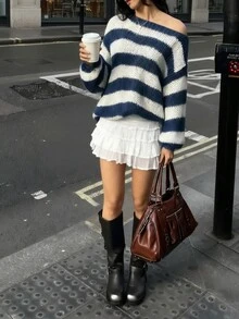 2025 خريف/شتاء جديد أسلوب الكلية الأمريكي فضفاض مرتخي منحرف الكتف محبوك سميك مخطط تباين اللون البلوفر، ملابس العودة إلى المدرسة، ملابس عيد الميلاد، ملابس ليلة المواعدة للنساء، بلوفر منحرف الكتف، أسلوب كوري، ملابس نسائية خريفية، نساء محتشمات، نساء حفلات، نساء Y2K، ملابس علوية للخروج، نساء الحفلات، نساء ليلة المواعدة - ازرق وابيض - مشاهدة 3