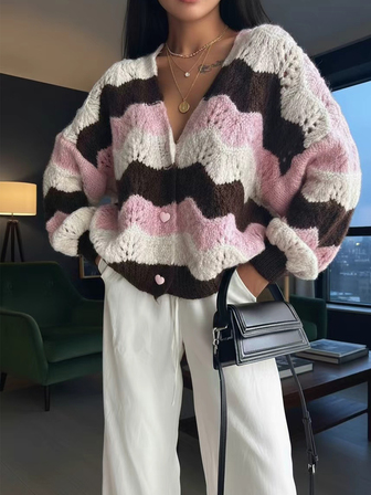 Joy Knit Women's Sweater, Fashion New Style For Autumn/Winter - Basic Tops - Casual & Versatile - Valentine's Day & Christmas Colorblock Wavy Stripe Heart Button V-Neck Cardigan Knit Sweater Jacket - Office Outfits For Women - Going Out Tops - Party - New Year