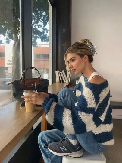 2025 Autumn/Winter New American College Style Loose Slouchy Off Shoulder Chunky Knit Striped Contrast Color Pullover Sweater, Back To School Clothes, Christmas Clothes, Date Night Outfits For Women, Off-The-Shoulder Sweater, Korean Style, Fall Women's Clothes, Modest Women, Party Women, Y2K Women, Tops For Going Out, Concert Women, Date Night Women