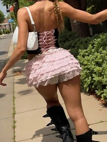 多层蕾丝低腰雪纺荷叶边超短裤，适合圣诞节、Y2K复古风、学生装、晚宴、夜店、优雅休闲、嘉年华庆典、假日夏季粉色 - 粉色 - 查看 2