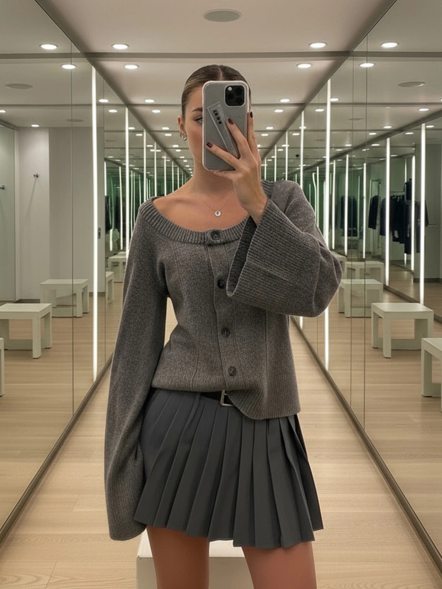 Nouveau pull tricoté mode femme pour l'automne/hiver - Retour à l'école - Élégant - Minimaliste décontracté polyvalent - Hauts de base - Cardigan tricoté ample à encolure en U avec bouton simple et poignets amples - Tenues de bureau pour femmes - Hauts de sortie - Tenue de voyage aéroport - Nouvel An