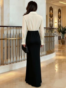 Đầm dài tay cổ chữ V sâu, thắt eo kiểu dáng thanh lịch dành cho nữ, phối màu đen trắng, thích hợp dự tiệc mùa xuân. - Đen và trắng - Xem 5