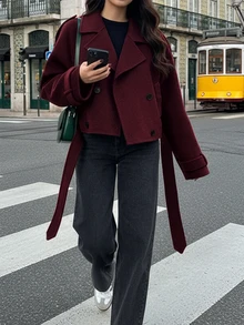 2025 Hit In Europe And America! Korean-Style Retro Slimming Coat, Set To Be Extremely Popular In Europe And The US In 2025! A Plain-Colored Design, Short And Wide-Shouldered Loose-Fitting Coat With Patterns, Suitable For Daily Wear In Autumn And Winter, Suitable For Commuting, Dating, Shopping - All-In-One For Multiple Uses! A Fashionable Set, A Must-Have For The School Season! - Burgundy - View 2