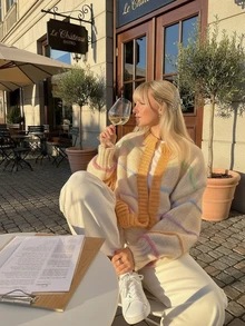 Pull femme Joy Knit automne/hiver, nouveau style à la mode - Version minimaliste décontractée - Hauts basiques - Cardigan tricoté ample et coloré à manches lanternes et col ras du cou - Tenues de bureau pour femme - Hauts de soirée - Fêtes - Noël - Nouvel An