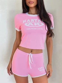 Summer Letter Printed Round Neck Short Sleeved Top With Slim Fit And Exposed Navel Shorts Set - Pink - View 3