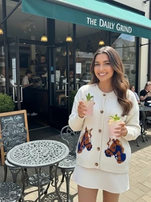 Joy 针织女式秋冬新款毛衣 - 百搭上衣 - 休闲简约时尚百搭风格 - 新颖马匹图案针织开衫外套 - 女士办公室穿搭 - 外出上衣 - 派对 - 新年 - 米色 - 查看 3