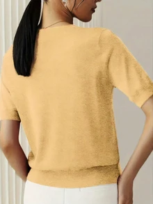 New Fashionable Women's Lightweight, Solid Color Short Sleeve Knit Top, Summer - Yellow - View 4