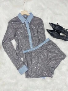 Bộ 2 mảnh gồm áo sơ mi cài cúc đơn đính sequin và quần short thời trang, thích hợp cho buổi hẹn hò, mùa xuân/hè, phong cách bohemian, lễ hội âm nhạc, tựu trường, tiệc cưới. - Bạc - Xem 2