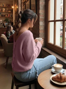 Suéter de mujer de punto Joy - Suéter de otoño/invierno para el Día de San Valentín - Diseño de lazo calado en la espalda, jersey reversible de manga larga para invierno