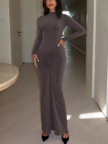 Elegant Ruched Solid Color Slim Waist Dress For Women - Coffee - View 3