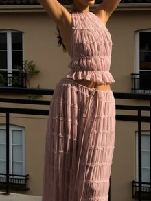 2026 Frühling/Sommer Damen Chiffon zweiteilliges Set mit gerüschter Spitze und rückenfreiem Top, bestehend aus langem Rock und kurzer Bluse, geeignet für Valentinstag, Strandurlaub, Brunch-Dates, elegante Partys sowie Halloween, Partys, Gothic-Stil, Hochzeiten. Dieses elegante Damen-Set mit rückenfreiem Design ist ideal für Weihnachtspartys, Dates und eine modische Wahl für Frühling/Sommer. Rosa. - Pink - Übersicht 5