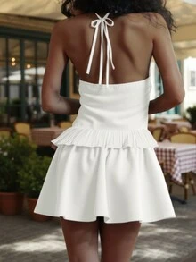 女士性感露背系带鱼骨连衣裙，浪漫褶皱短裙设计，毕业礼服，春夏度假风，波西米亚风，音乐节，返校季，婚礼季 - 白色 - 查看 2