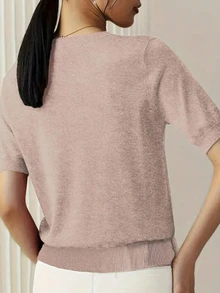 Nueva blusa de punto básica y ligera de manga corta para mujer, unicolor, para el verano - Rosa marrón - Ver 2