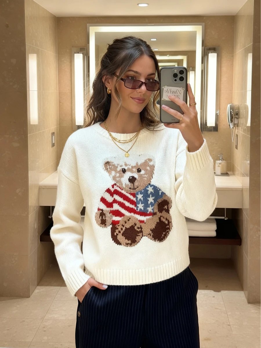 Joy Knit Women's Autumn/Winter Sweater - Basic Tops - Minimalist Casual Fashionable Versatile - Cute Flag & Bear Graphic Jacquard Crew Neck Pullover Knit Top - Office Outfits For Women - Going Out Tops - Party - New Year - Apricot - View 1