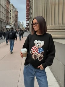 Joy Knit 女式秋冬毛衣 - 百搭上衣 - 简约休闲时尚百搭 - 可爱旗帜和小熊图案提花圆领套头针织上衣 - 女士办公室服装 - 外出上衣 - 派对 - 新年 - 黑色 - 查看 2