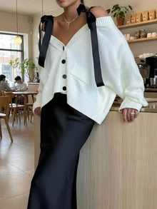 Joy Knit Women's Autumn/Winter Sweater New Arrival - Basic Tops - Casual Cute Sweet Elegant - Shoulder Tie Bow Exposed Shoulder Button Knit Cardigan Office For Women - Going Out Tops - Travel Airport - New Year White - White - View 1
