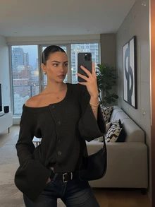 Suéter de punto de moda para mujer, nuevo para otoño/invierno - Vuelta al colegio - Elegante - Casual minimalista versátil - Blusas básicas - Cierre de solapa única Cuello en U holgado Puños de punto sueltos - Oficina - Salir - Viaje aeropuerto - Año Nuevo