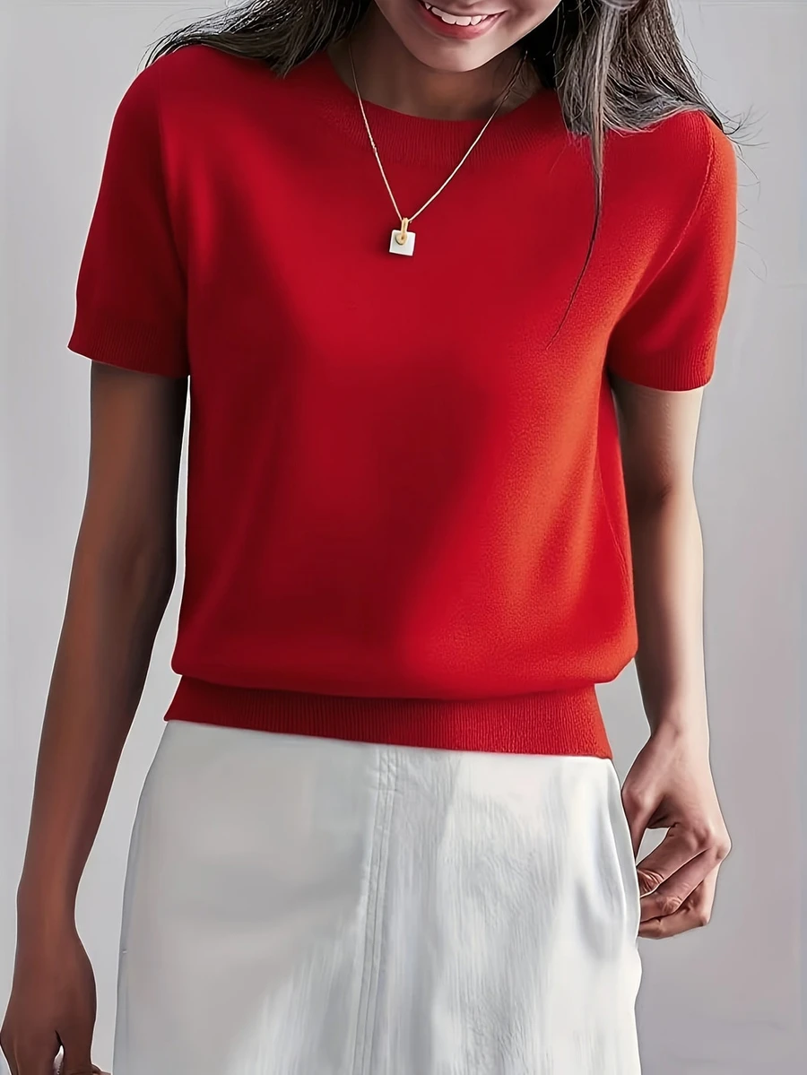 Women's Lightweight Solid Color Short Sleeve Knit T-Shirt, Minimalist Summer Top Red - Red - View 1