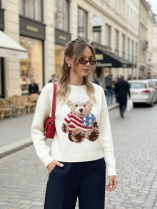 Joy Knit Women's Autumn/Winter Sweater - Basic Tops - Minimalist Casual Fashionable Versatile - Cute Flag & Bear Graphic Jacquard Crew Neck Pullover Knit Top - Office Outfits For Women - Going Out Tops - Party - New Year - Apricot - View 3