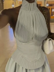 女士性感露背系带鱼骨连衣裙，浪漫褶皱短裙设计，毕业礼服，春夏度假风，波西米亚风，音乐节，返校季，婚礼季 - 淡綠色 - 查看 2