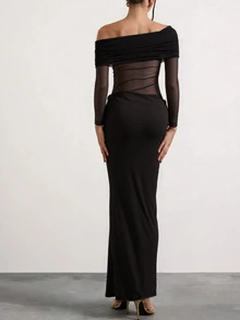 性感淑女网眼拼布镂空露肩长裙 - 黑色 - 查看 2