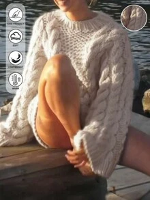 百搭宽松针织纹理圆领毛衣，时尚简约超大麻花针织套头衫，通勤优雅度假休闲装上衣，适合各种场合#KnittedSweter - 杏色 - 查看 10