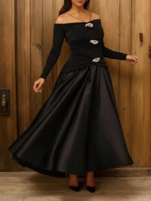 فستان طويل بياقة حلقية وخصر ضيق بطراز فرنسي رجعي أنيق، فستان طويل للنساء بتزيين معدني أسود مفتوح الكتف، مناسب للسهرات والأعياد مثل عيد الميلاد وعيد الشكر