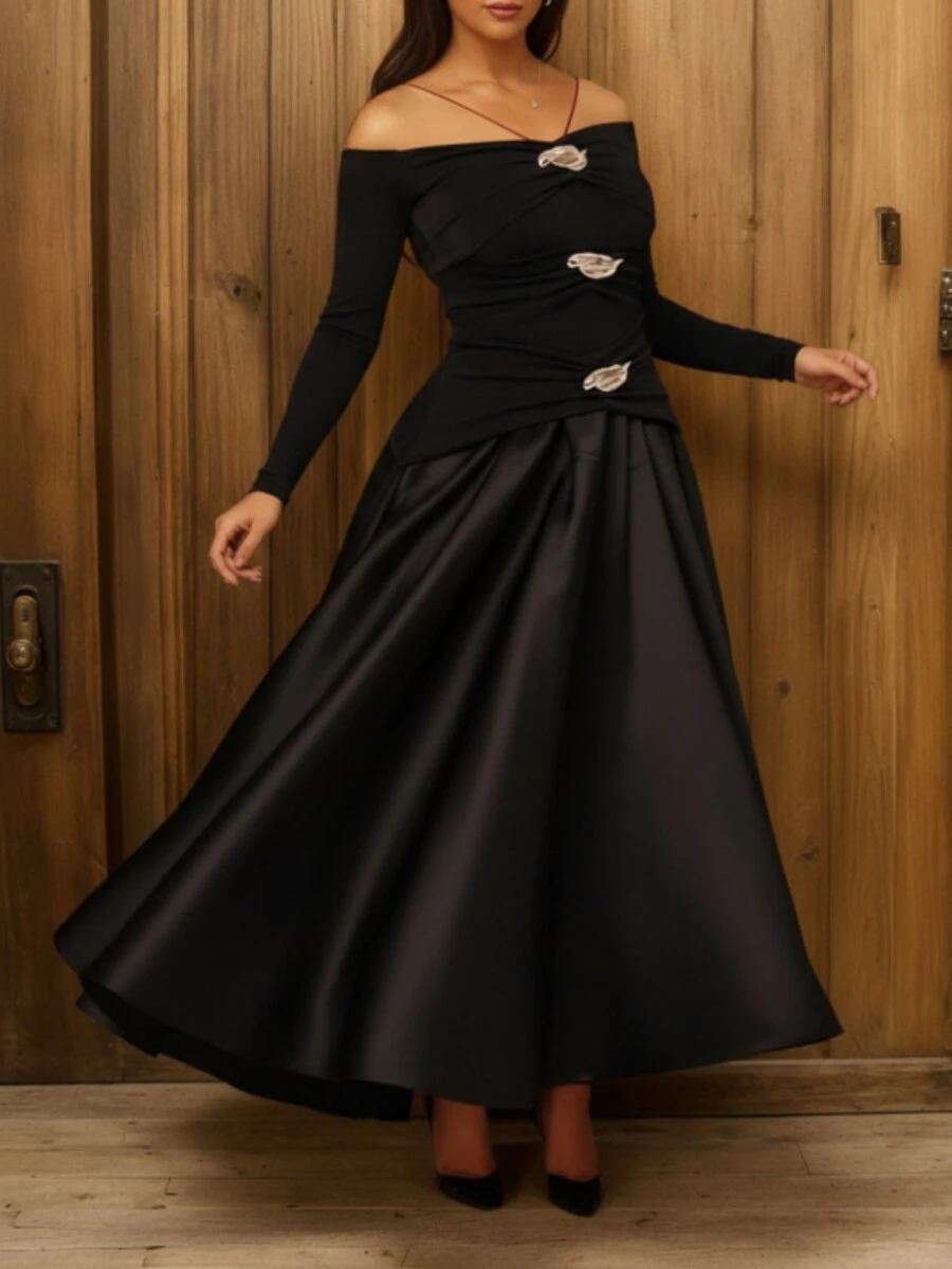 فستان طويل بياقة حلقية وخصر ضيق بطراز فرنسي رجعي أنيق، فستان طويل للنساء بتزيين معدني أسود مفتوح الكتف، مناسب للسهرات والأعياد مثل عيد الميلاد وعيد الشكر