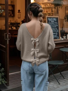 Pull tricoté pour femmes, nouveau modèle automne/hiver - Pull d'hiver de la Saint-Valentin automne/hiver - Design nœud papillon ajouré dans le dos, pull réversible à manches longues pour l'hiver