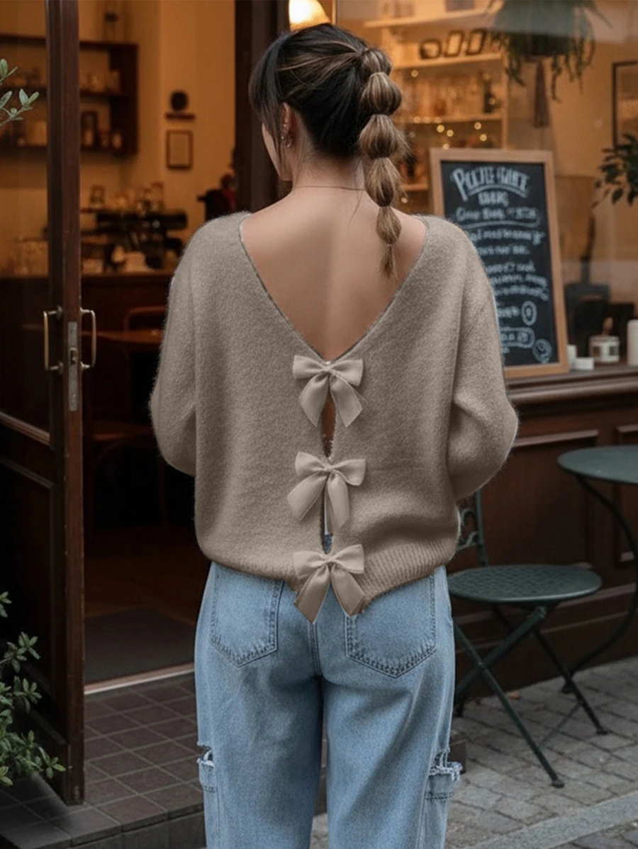 Pull tricoté pour femmes, nouveau modèle automne/hiver - Pull d'hiver de la Saint-Valentin automne/hiver - Design nœud papillon ajouré dans le dos, pull réversible à manches longues pour l'hiver