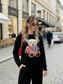 Joy Knit 女式秋冬毛衣 - 百搭上衣 - 简约休闲时尚百搭 - 可爱旗帜和小熊图案提花圆领套头针织上衣 - 女士办公室服装 - 外出上衣 - 派对 - 新年 - 黑色 - 查看 3