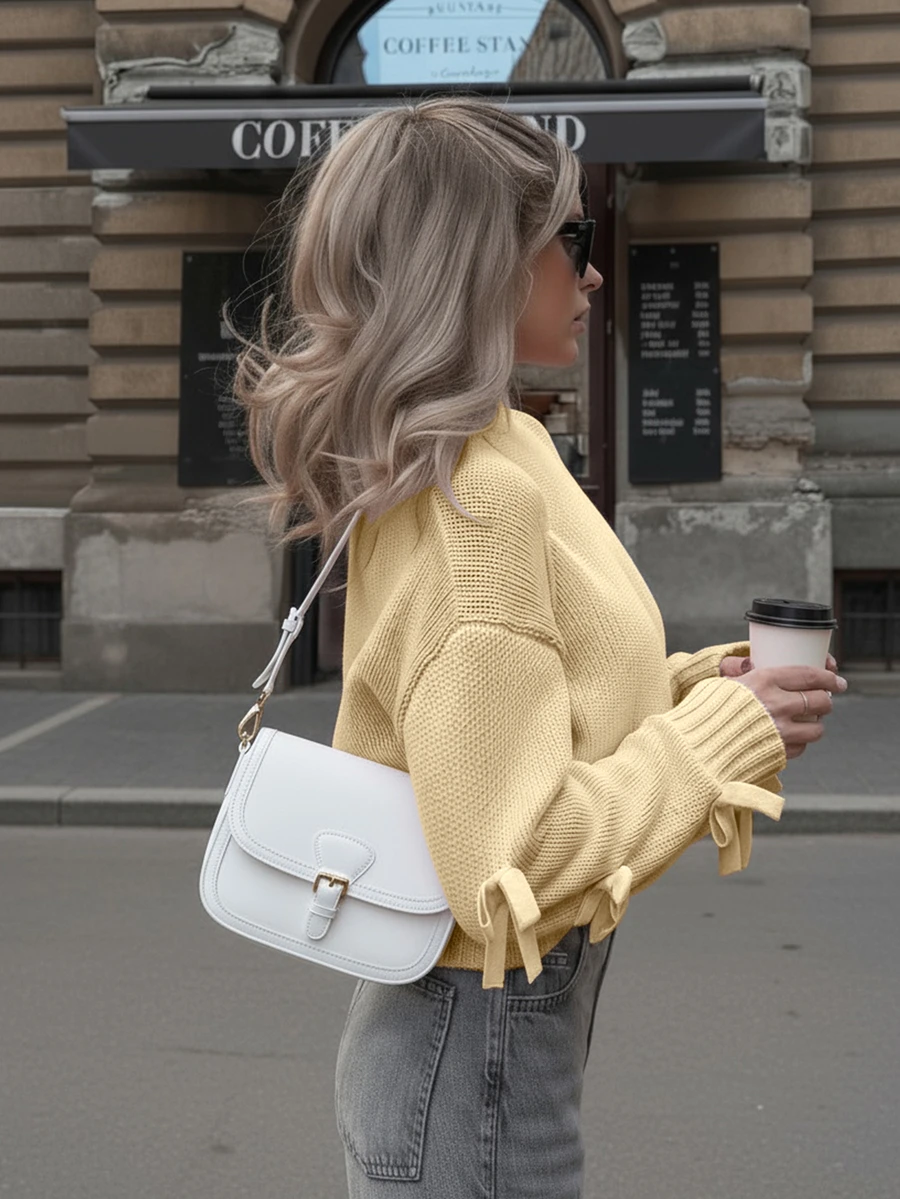 Suéter de punto para mujer Joy, nuevo para otoño/invierno - Parte superior casual minimalista, versátil y a juego - Manga con lazo, cuello redondo corto y holgado - Oficina - Salir - Viaje en aeropuerto