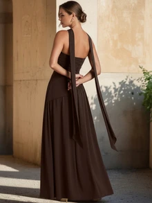 女士高开叉雪纺缎带下摆连衣裙，性感度假海滩婚礼宴会派对