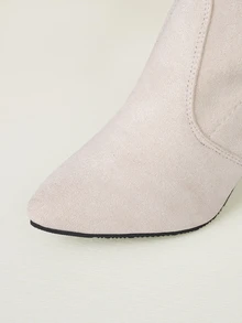 Clariva 2025新款经典尖头粗跟女靴，百搭时尚短靴，弹力中筒靴，母亲节礼物/圣诞礼物 - 米色 - 查看 3