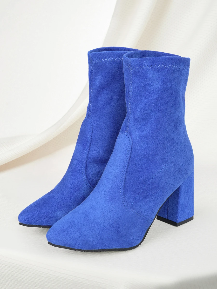 Clariva Mother's Day Women's 2025 Classic New Pointed Toe Chunky Heel Ankle Boots, Versatile Fashion Short Boots, Elastic Boots, Mid-Calf Boots Gifts - Blue - View 1