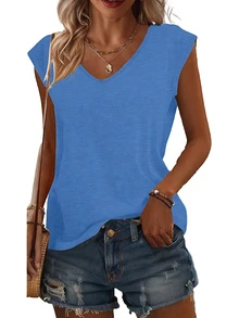 3件装女士V领无袖T恤，休闲宽松夏季纯色上衣，略带弹性，适合日常穿着