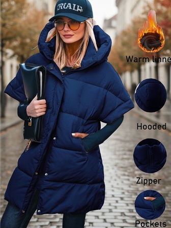 Dam enfärgad kortärmad quiltad huvjacka, höst/vinter