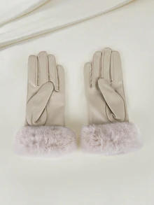 Clariva 1 双女士真皮手套，带毛绒袖口，时尚保暖，带触屏功能，防水防风 PU 皮革手套，圣诞礼物 - 米色毛口皮帶扣 - 查看 4