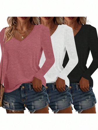 3 件大码纯色 V 领长袖宽松休闲上衣，适合春秋季日常和家居穿着，可机洗